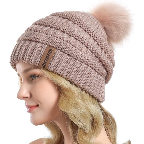 Women Rose Pink Soft Acrylic Thick Baggy Knit Winter Faux Fur Pompom Beanie - Picture 3 of 6